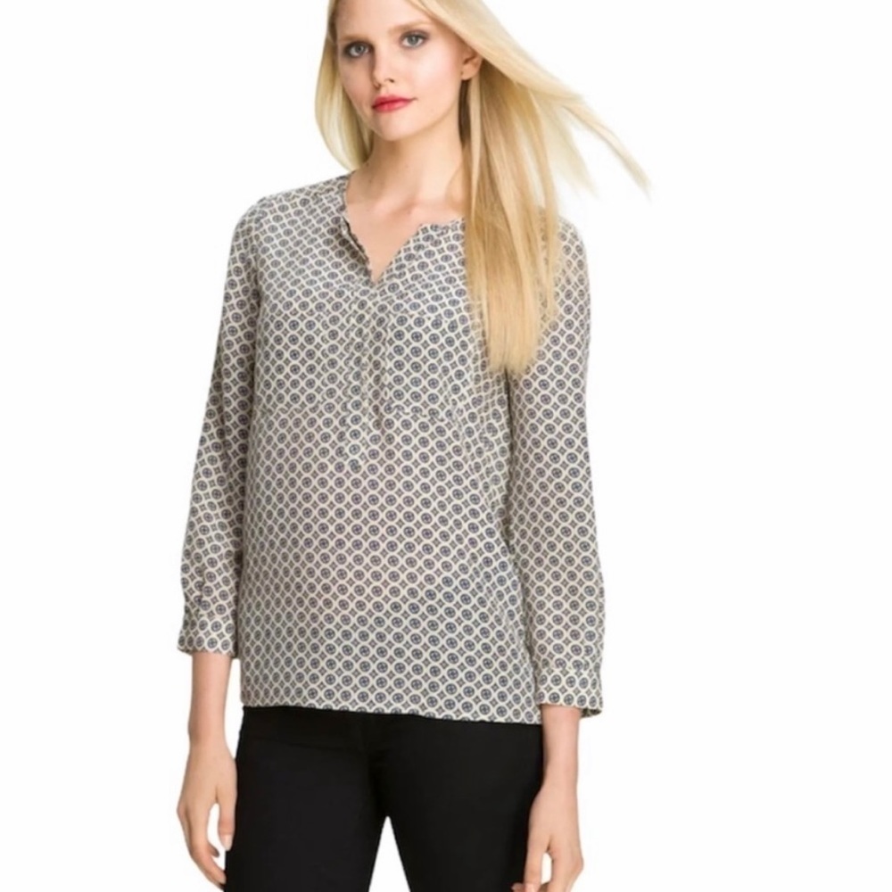 JOIE Nepal Medallion Tile Print 100% Silk Top Blouse Cream Blue Sz Small.